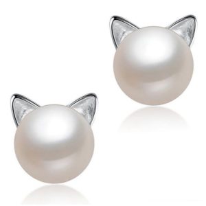 kitty earrings, cat earrings, cultured pearls, ear studs, pearl earrings, black cat, white cat, black pearls, rose gold, 18 k gold, sterling silver 