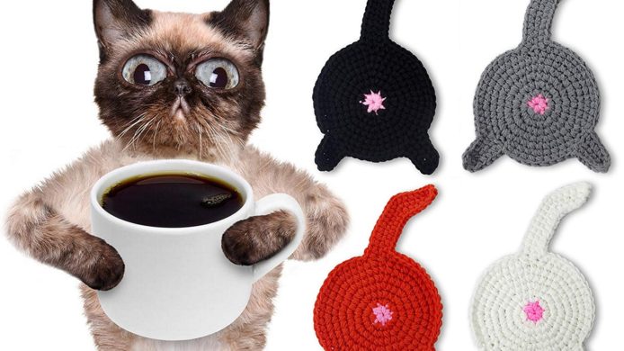 cat, cats, cat butt, crochet, drink coasters, cat home decor, funny, white elephant, cat lover gift