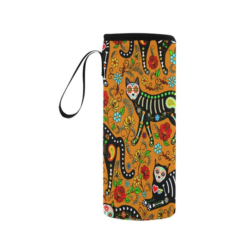 cat, cats, black cats, cat lover, day of the dead, dia de los muertos, mexican, sugar skull, goth, neoprene, water bottle, hiking, camping, work, road trip, wine, beer, water, coozie, koozie