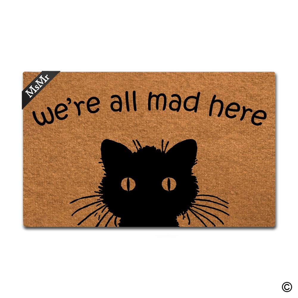 we're all mad here, non-slip rug, front door mat, doormat, black cat, cat decor, office decor, home decor