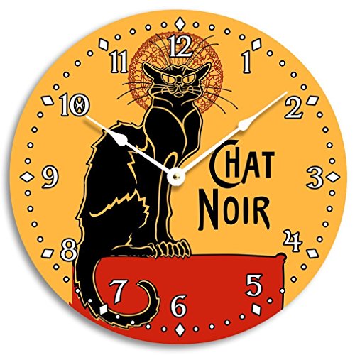 vintage, french, black cat, wall clock, chat noir
