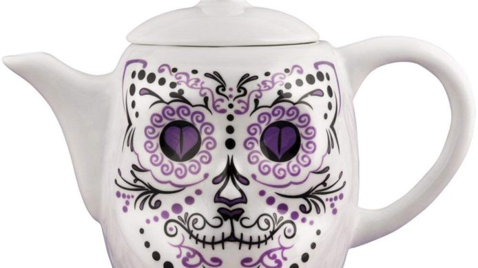 porcelain teapot, tea pot, white cat, sugar skull, day of the dead, dia de los muertos, cat decor, kitchen decor, sugar skull